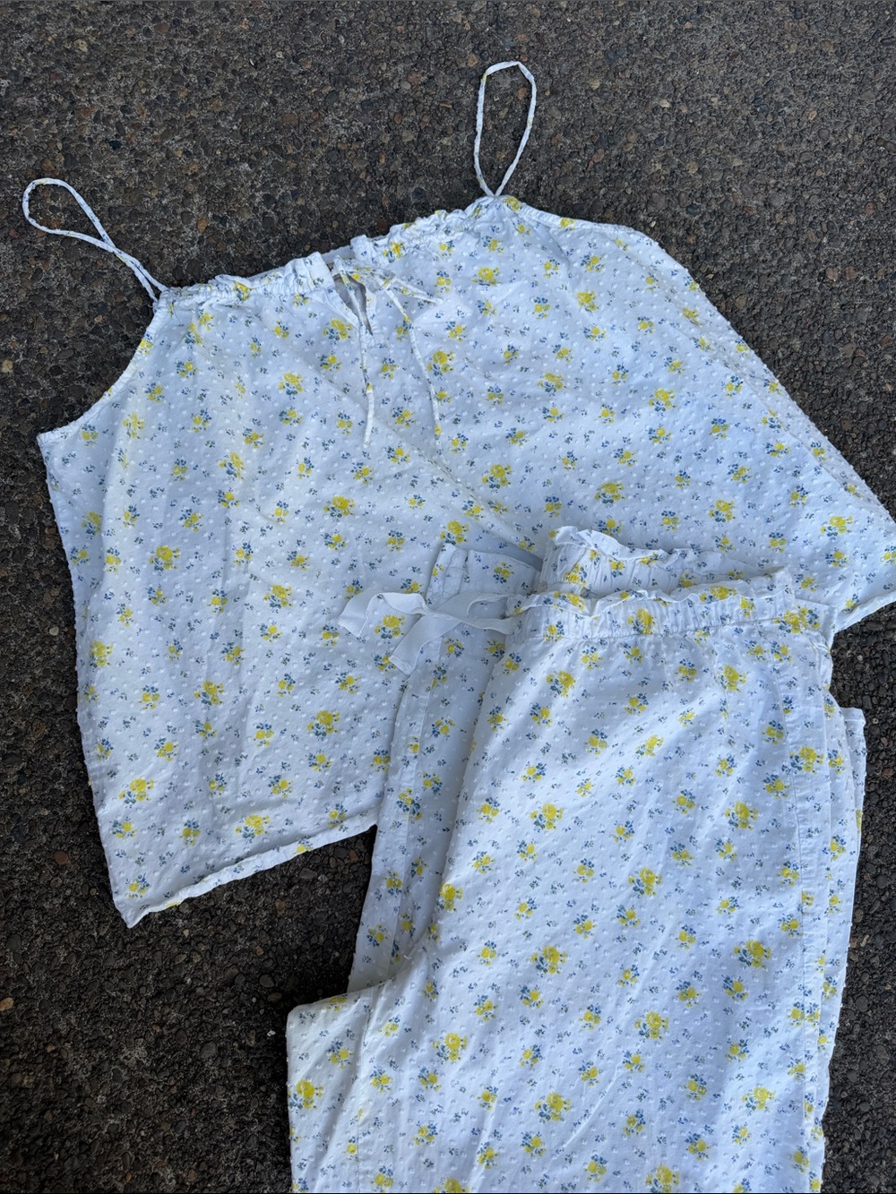 LOFT White Eyelet Floral Camisole and Pants Set with Yellow and Blue Flowers